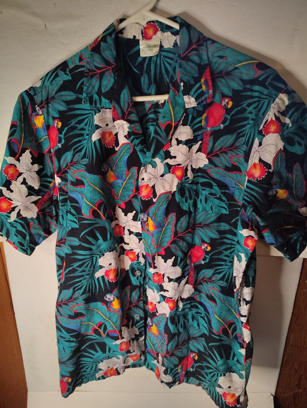 Jade Fashions Tropical Macaw Hawaiian Shirt Size L Made In USA
